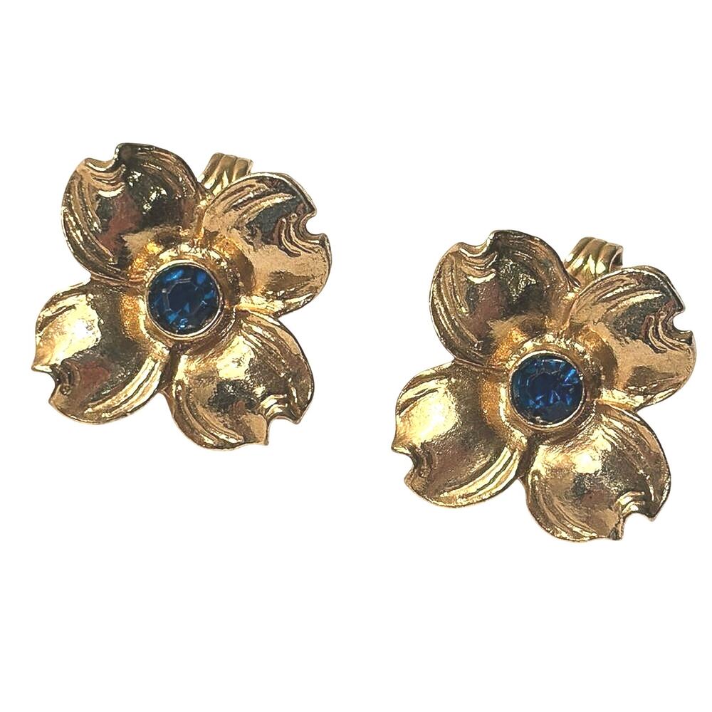 Vintage Gold Tone Flower Clip On Earrings Blue Rhinestone Floral Costume